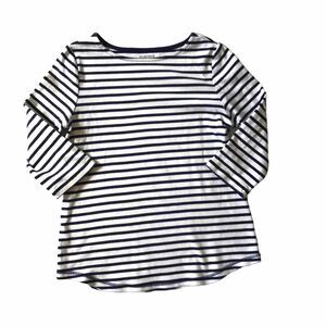 Studio Works Womens Size S 3/4 Slv White Blue Striped Pullover Top Tee Nautical
